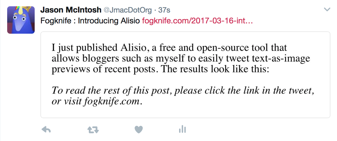 Screenshot of an alisio-generated tweet