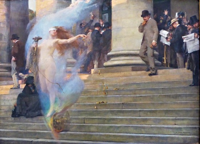 An oil painting depicting the mythological Fortune, her wheel underfoot, scooting down the steps of a circa-1900 building that might be a stock market. One businessman within a crowd notices her and looks on in amazement as she passes, showering gold with one hand. On her other side, a cowled and shadowed figure sits, slumped, on the stairs.