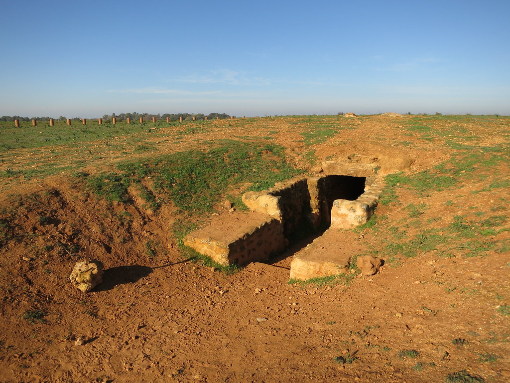 Photograph of a mysterious stone stairway leading into the pitch-black opening of a tomb-like underground structure, apparently excavated from a red-dusty field in the middle of nowhere.