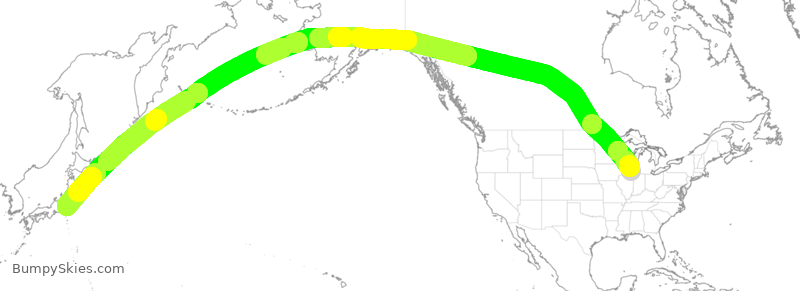 A turbulence-forecast map for a flight from Chicago to Toyko.