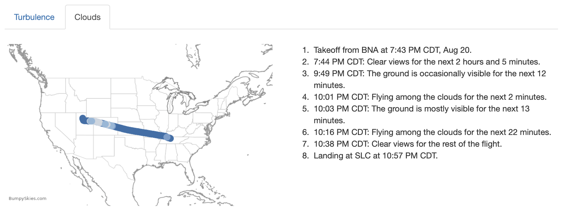 A map showing a flight route over the US, colored to show where the cloud cover is.