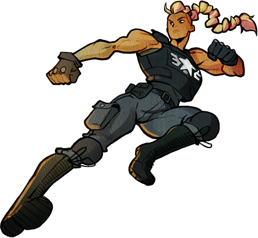 Character art of Estel from Street of Rage 4, a muscular policewoman performing a flying kick.