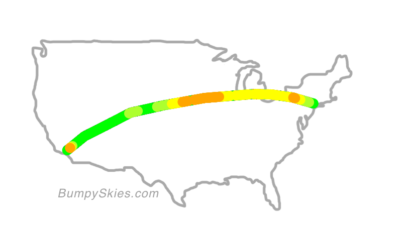 A simple outline map of the United States, with a many-colored curve, suggesting a flight path, connecting the two coasts. It is watermarked 'BumpySkies.com'.