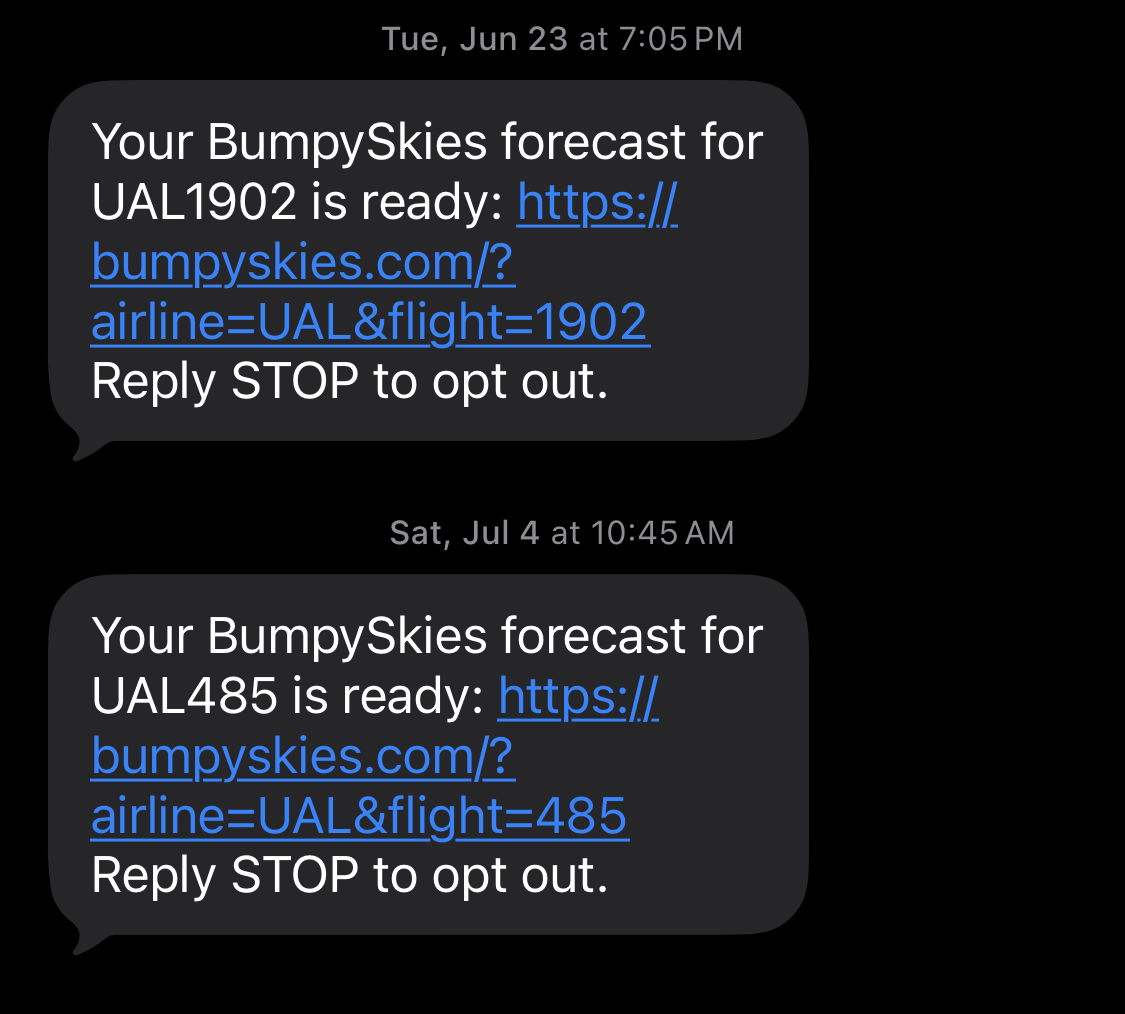 Two notifications on my phone screen, from two days in June and July, telling me that my turbulence forecast is ready to view.