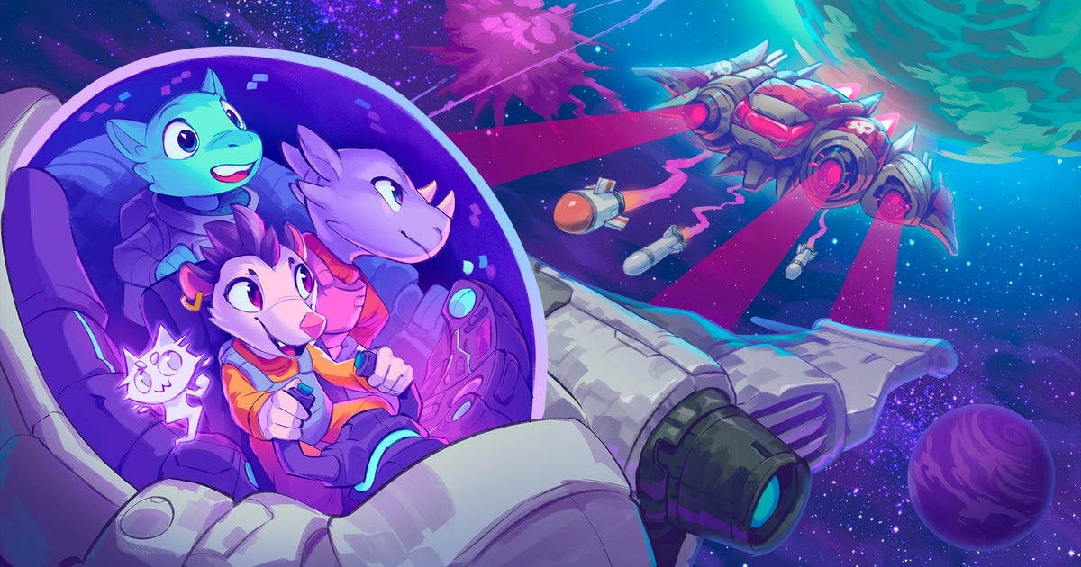 The cover art of the video game 'Cobalt Core'. Cartoon art of three anthropomorphic animals piloting a tiny spaceship while another ship rains missles and laser beams on them.