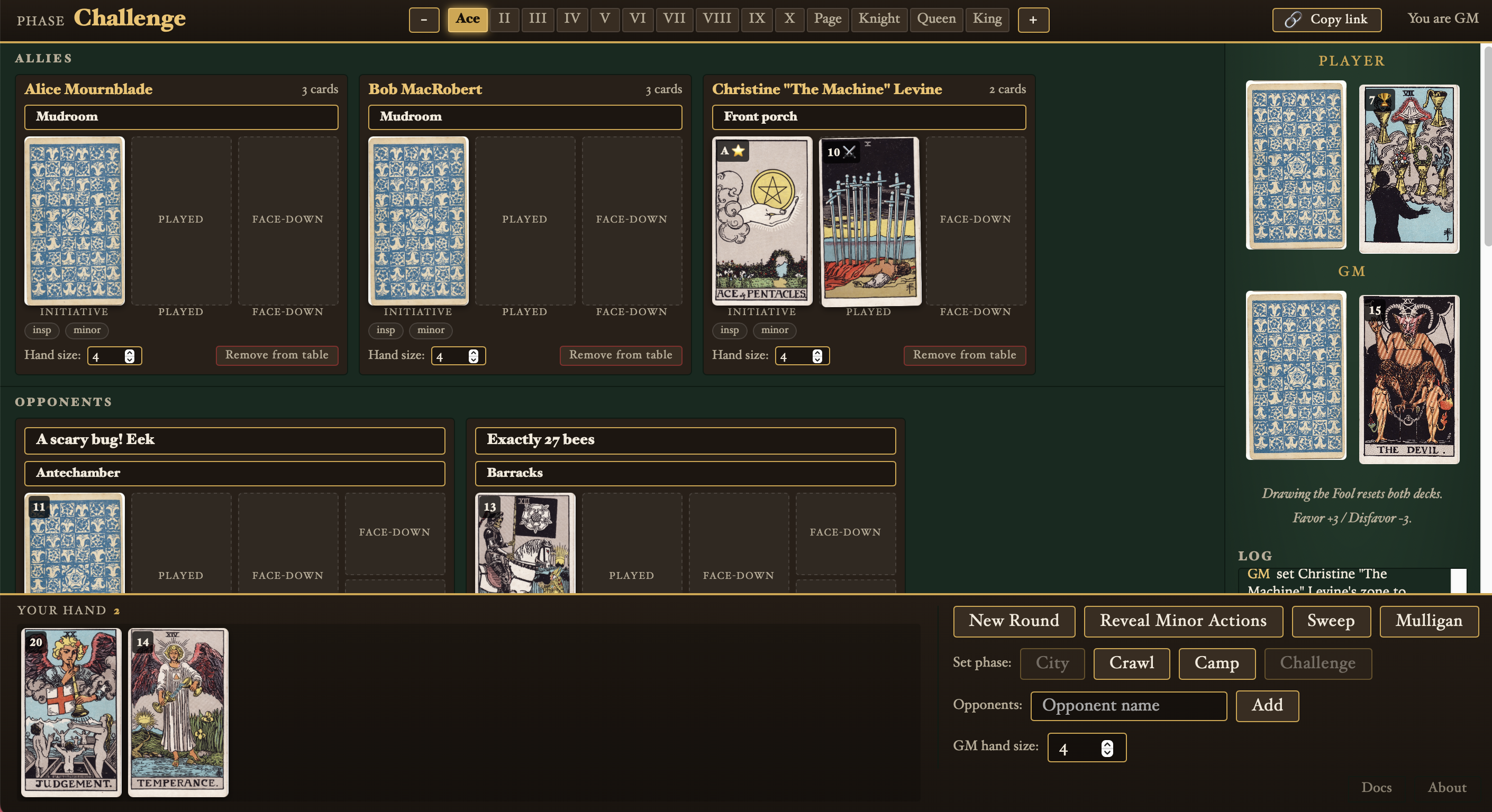 A screenshot of Crawlspace. A card game in-progress among several players, done up with tarot cards.
