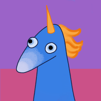 Another goofy-looking purple cartoon unicorn, but this time hand-drawn instead of computer-generated.