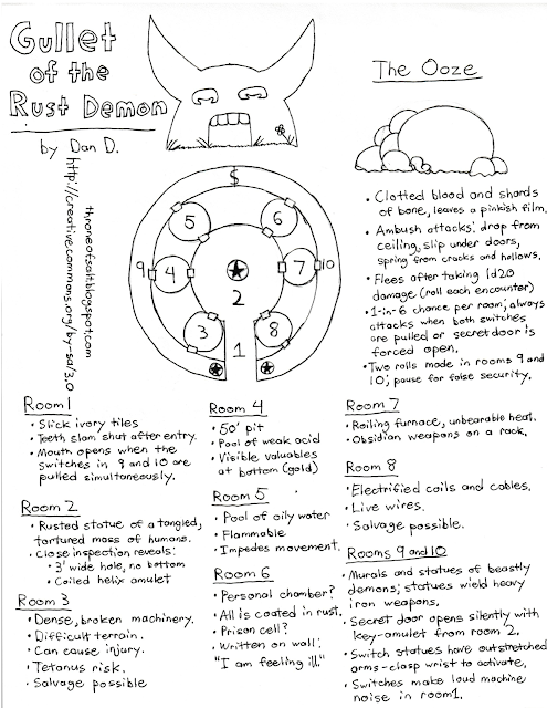 The entirety of Gullet Of The Rust Demon, a one-page, hand-written, hand-drawn TTRPG adventure module.