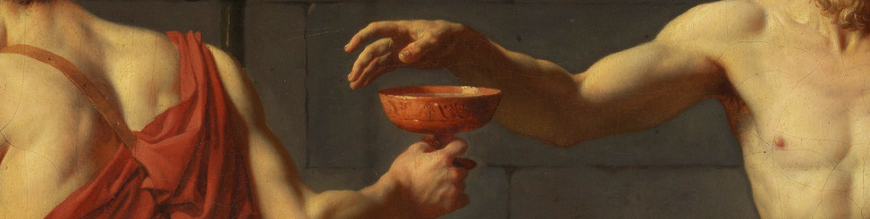 A detail from the painting 'The Death of Socrates', showing the cup passing from one hand to another.