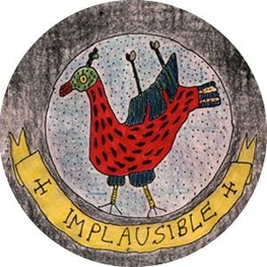 The logo of the Hooting Yard radio show: a strange birdlike creature drawn by Frank Key, with the label 'Implausible'.