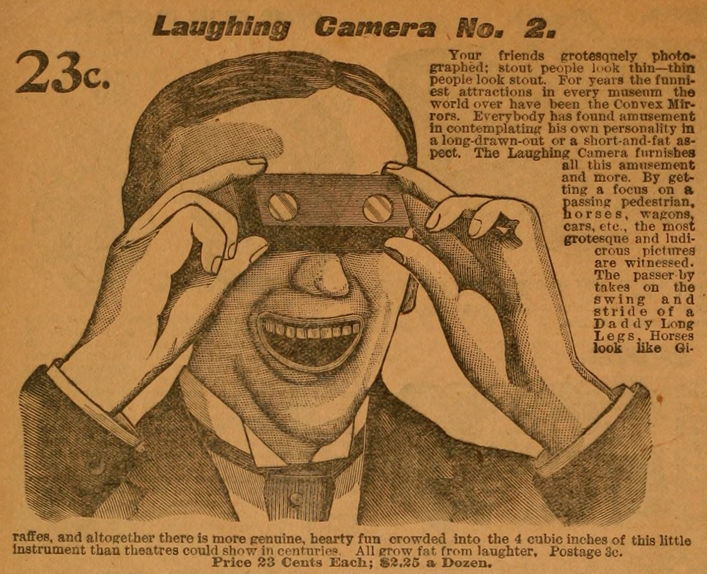Vintage catalog advertisement for the Laughing Camera No. 2, priced at 23 cents, showing an engraved illustration of a grinning man holding a small optical device up to his face. The ad copy promises grotesque, distorted views of passersby, comparing the effect to funhouse convex mirrors.