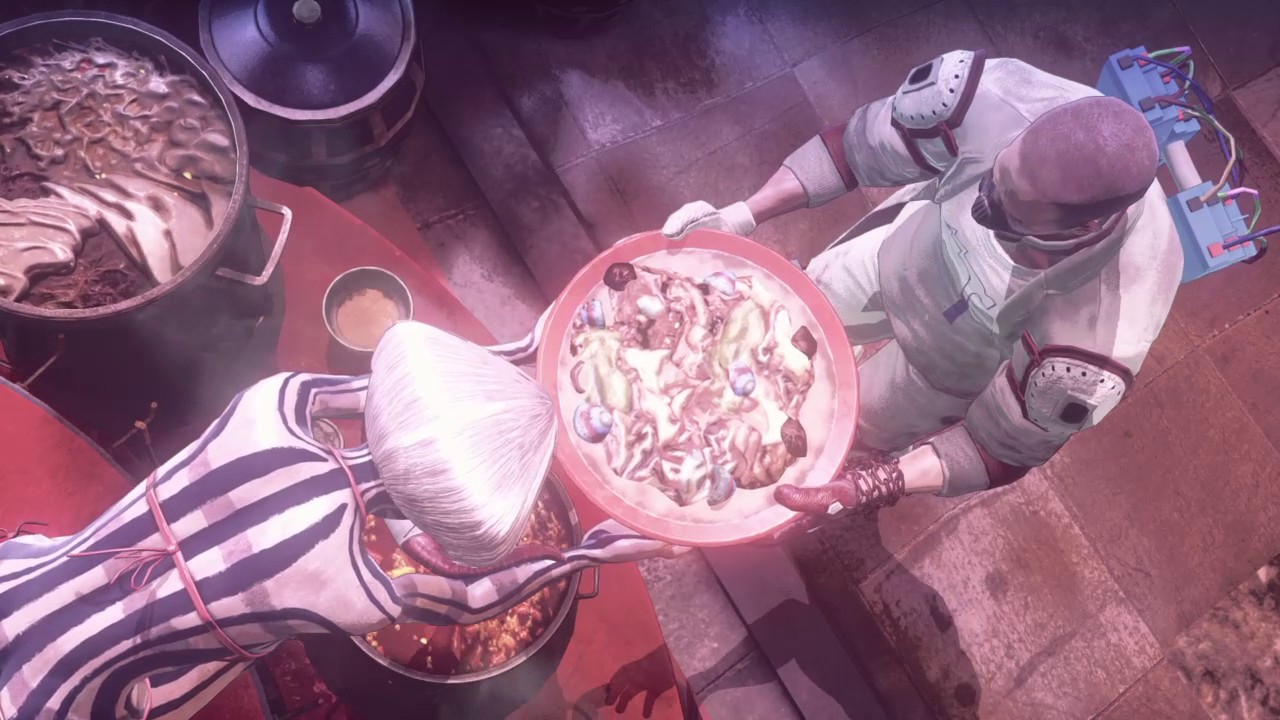 A screenshot from the video game 'Let it Die', depicting a player-character receiving an enormous bowl of mushroom stew from the game's 'mushroom lady'.