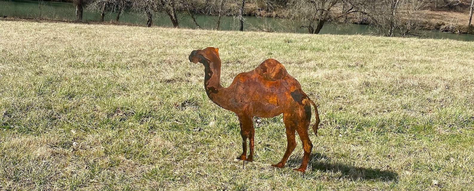 A metal, rusted silhouette of a camel stands in a grassy field, by a river.