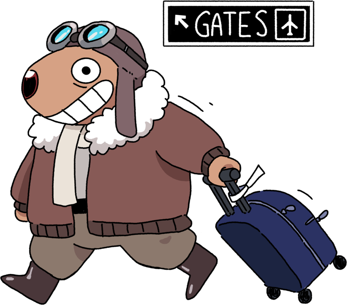 Nelly the groundhog, nervous but brave, is ready to board her flight.