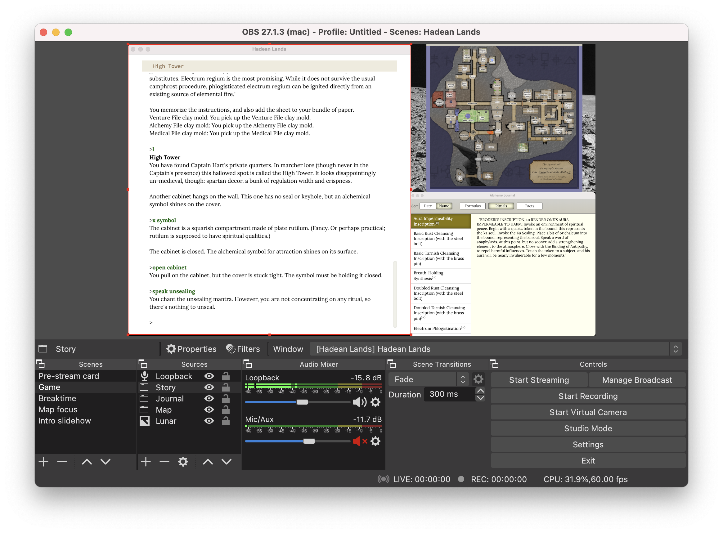 Screenshot of OBS, with a Hadean Lands game set up for broadcast.