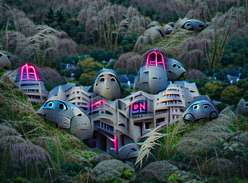 A bizarre cityscape painted in neon pinks and blues and studded with anime eyes, set in the middle of a jungle.
