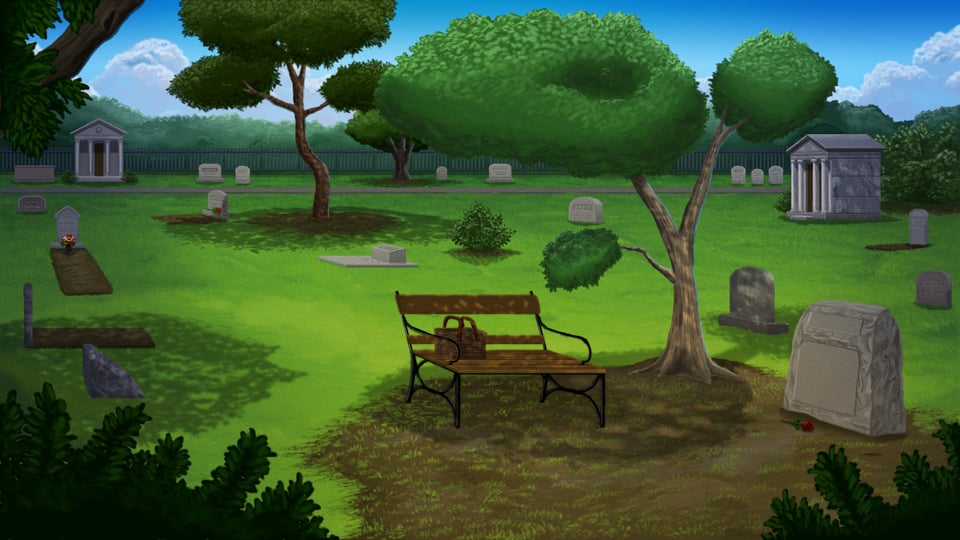 A painted backdrop of a cemetery. In the foreground is a bench. On the bench is a leather satchel. A single rose lies by a nearby gravestone.