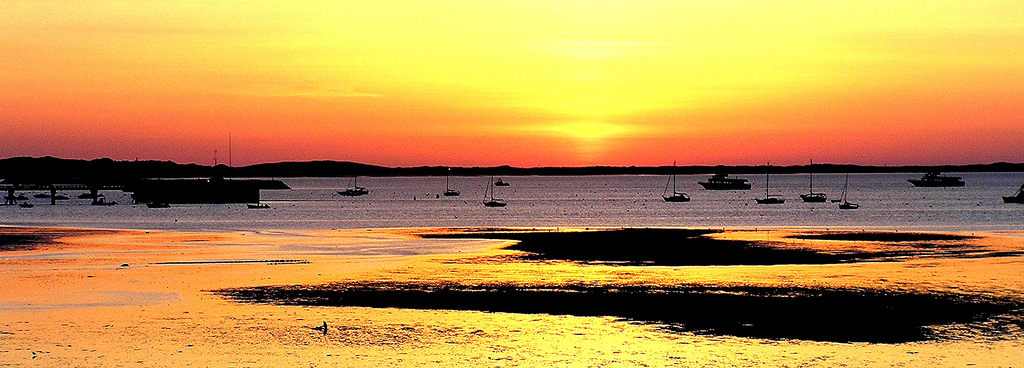 A photograph of the waters of Provincetown at sunset. Boats silhouetted against a blazing orange sky.