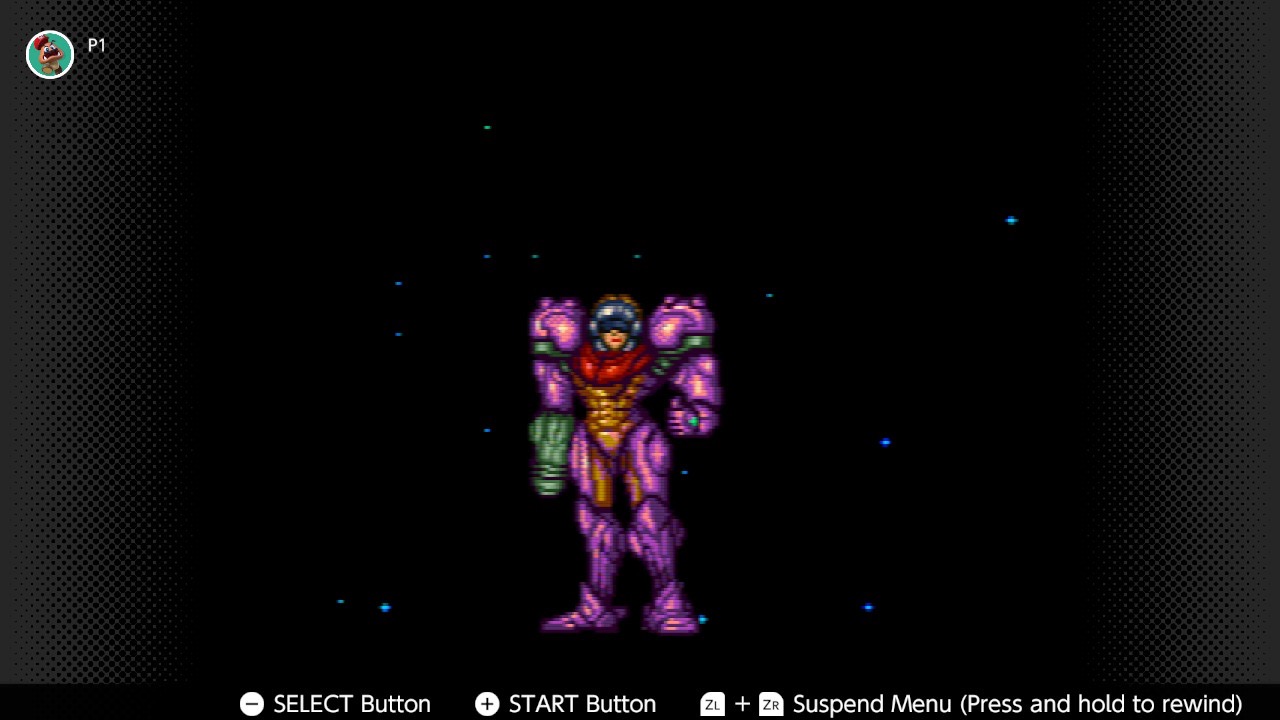 A screenshot of Super Metroid's ending animation showing the hero Samus Aran in her powered armor, smiling and giving the player a thumbs-up.