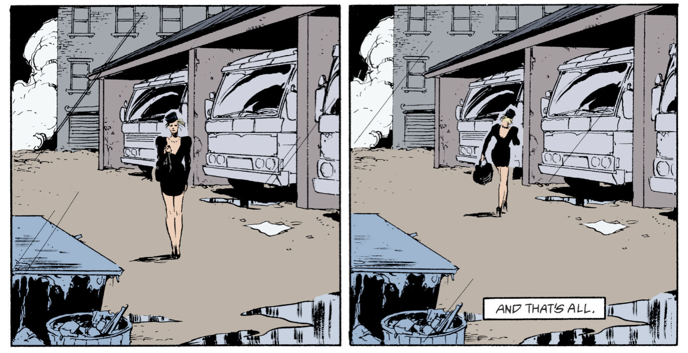 Two comics panels depicting a woman dressed in a modern black funerary skirt and pillbox hat, standing by a bus terminal. She faces the reader, then turns and walks towards a waiting bus. A narrative caption reads: 'And that's all.'