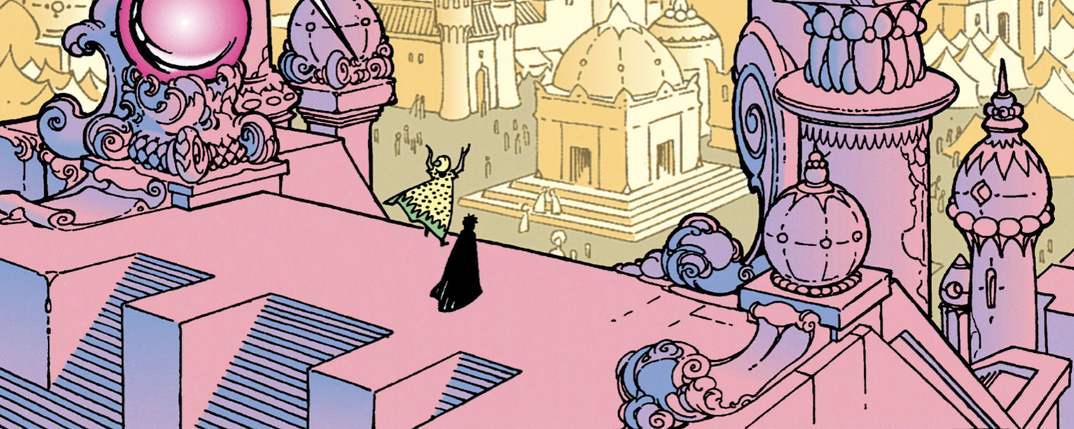A comic book panel depicting two tiny, robed figures looking out over a fantastic Arabian cityscape.