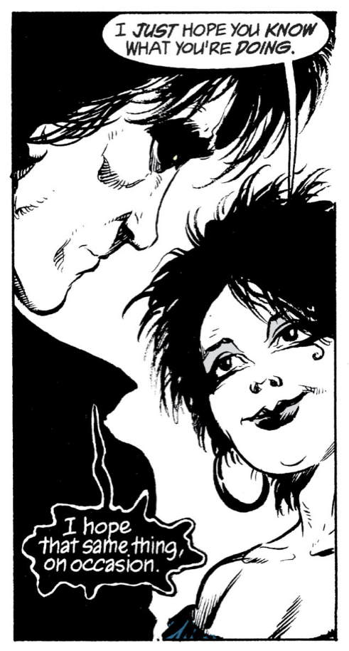 A panel from a 'Sandman' comic book. Death, smiling, says to Dream, 'I just hope you know what you're doing.' Dream replies, 'I hope that same thing, on occasion.'