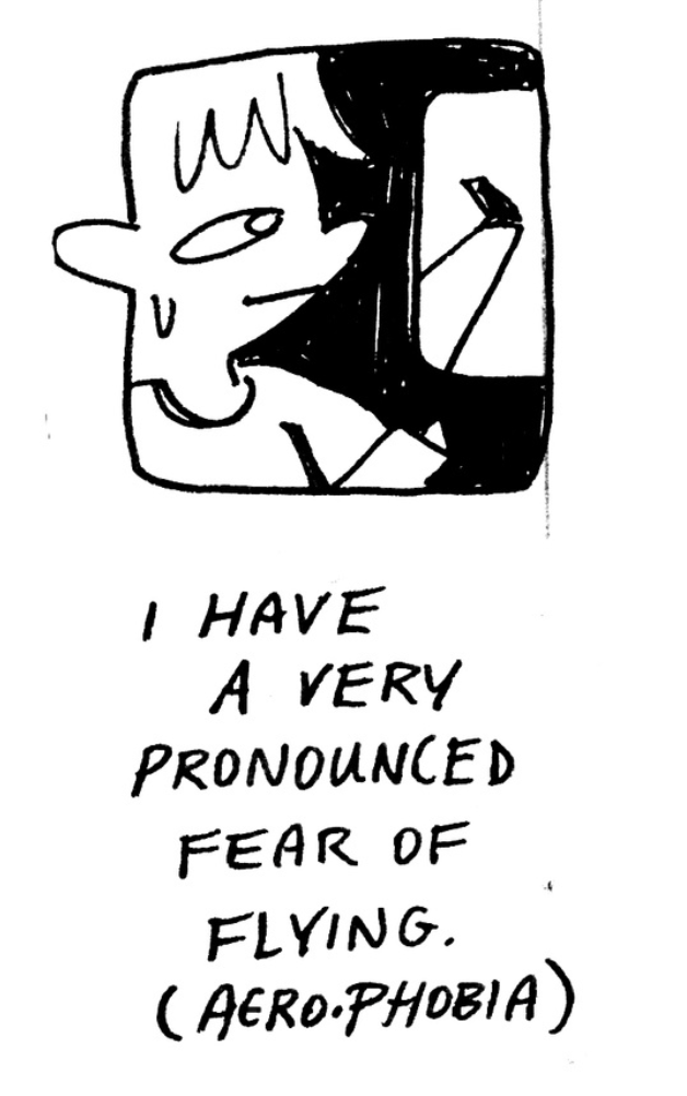 A person looks nevrously out an airplane window. 'I have a very pronounced fear of flying.'