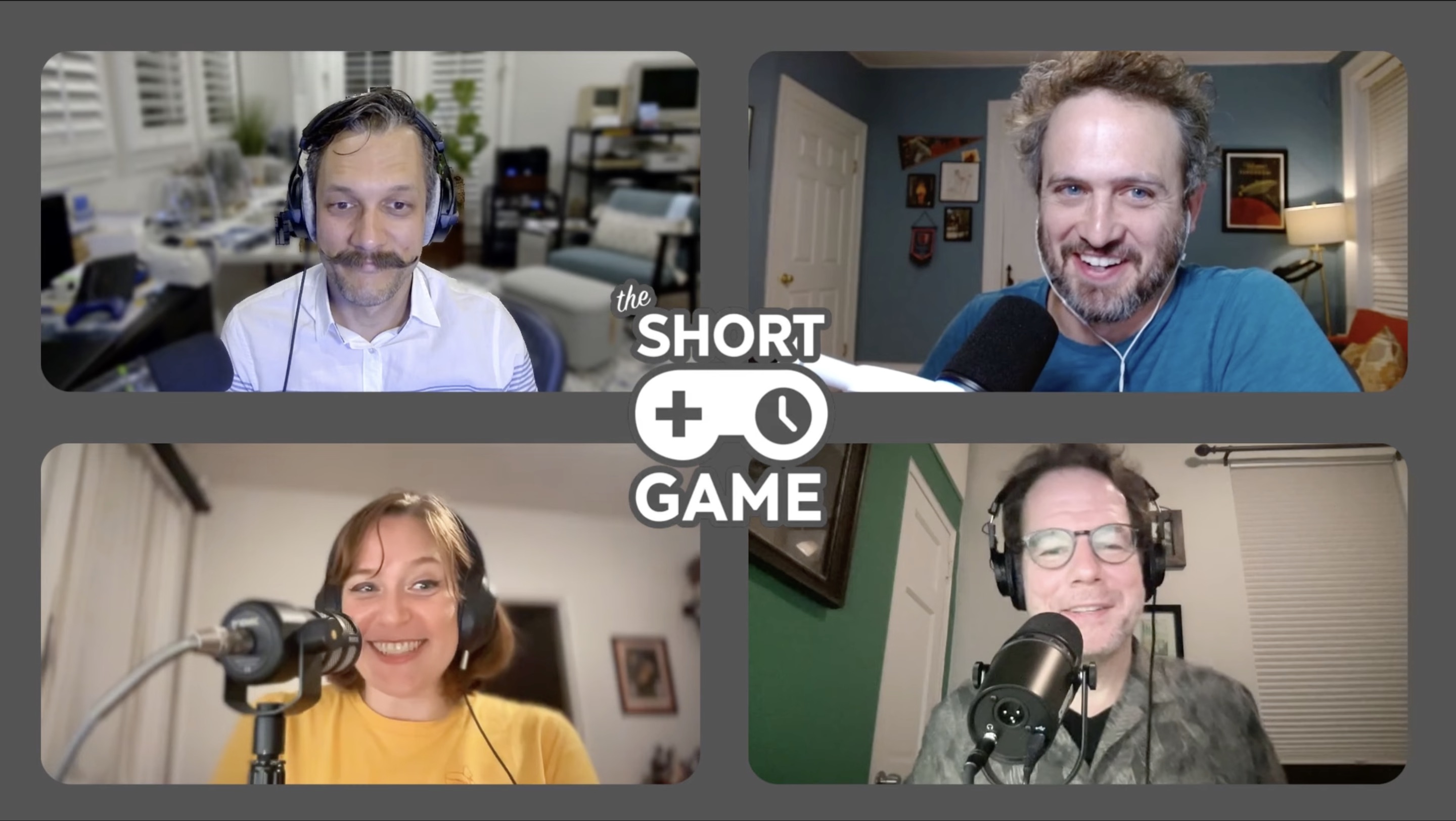 A still from a video episode of The Short Game, with the three hosts plus one guest smiling into their respective cameras.