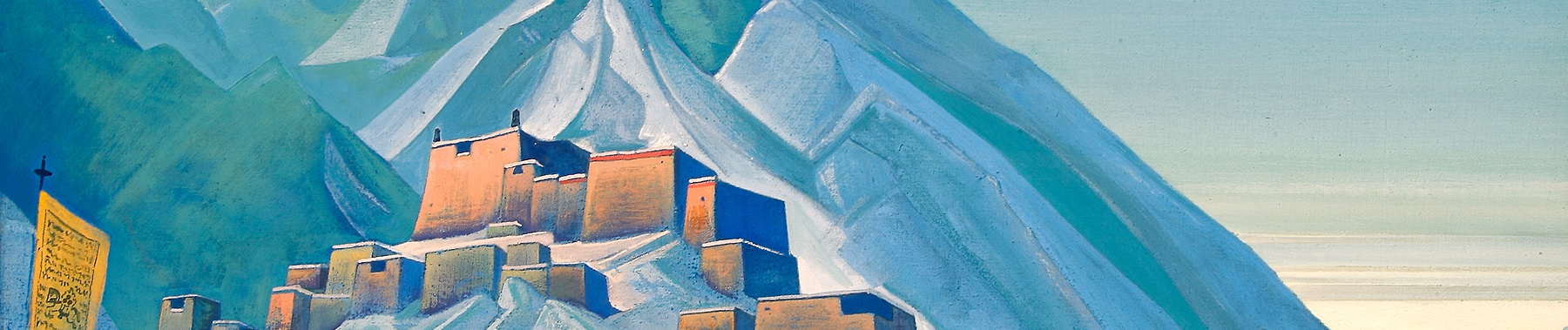 A detail of one of Roerich's paintings: eerily lit square buildings nestled in snowy moutains.