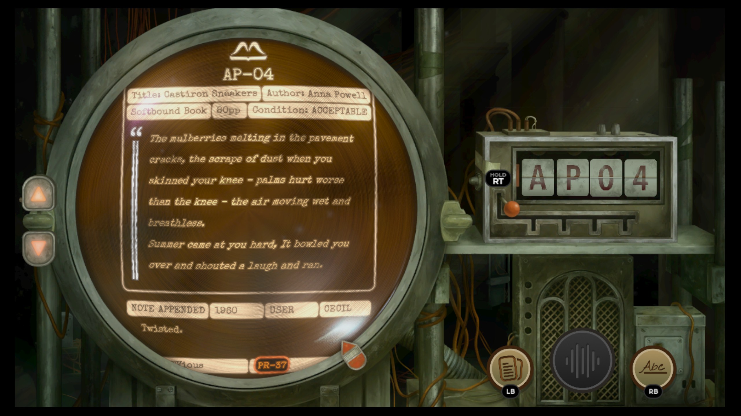 A screenshot from the video game TR-49, showing a text readout on an archaic-looking computer display.