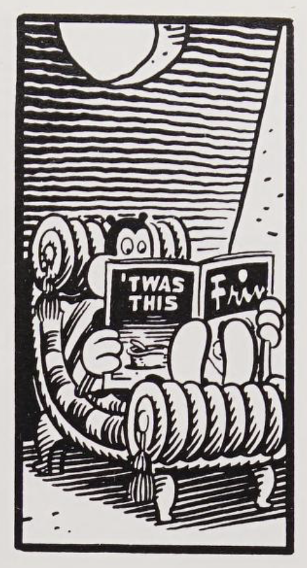 A comic book panel showing Frank, who is some kind of anthropomorphic critter, reading a magazine called 'Friv'. The back cover has the text: 'Twas this.